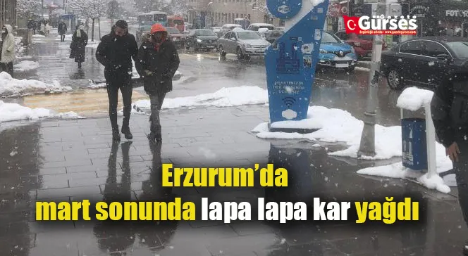 Erzurum’da mart sonunda lapa lapa kar yağdı